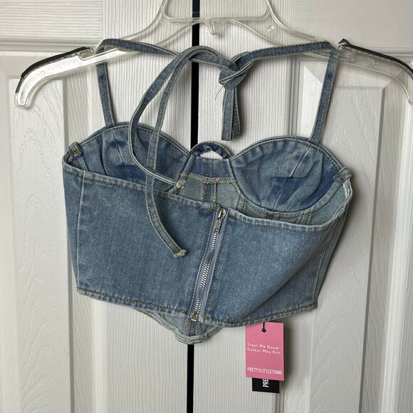 Pretty Little Thing Petite Light Blue Wash Denim Seam Detail Corset Top 00 - Picture 3 of 8